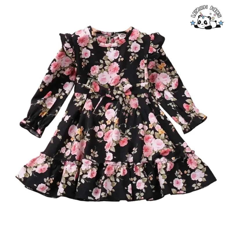 LEZONKIDS - Vestidos de Meninas com Manga Longa e Babado de Poliéster Floral para Primavera, Outono e Inverno para Crianças